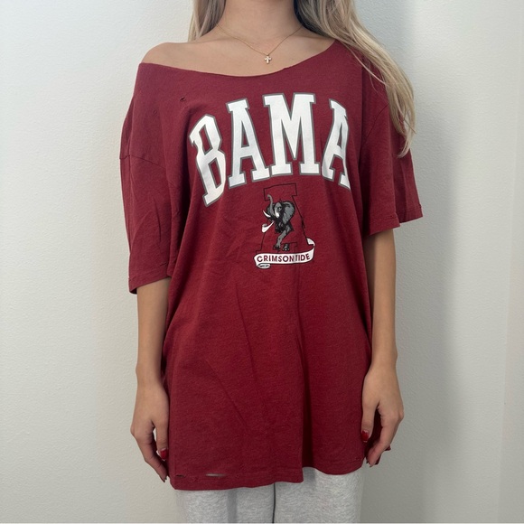 Bama Alabama Crimson Tide Destroyed off the shoulder T-Shirt - Picture 6 of 13